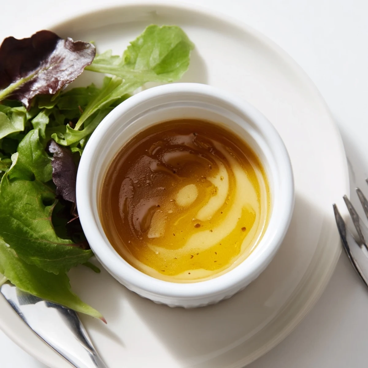 Creamy honey lemon vinaigrette dressing whisked in glass measuring cup with spoon