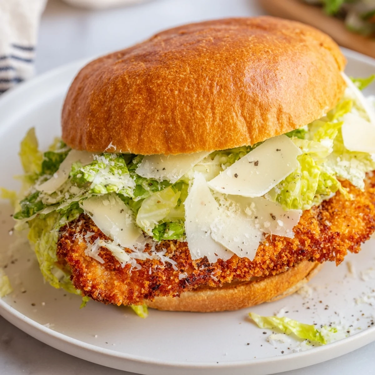 Golden brown crispy chicken Caesar sandwich stacked with romaine lettuce on toasted brioche bun