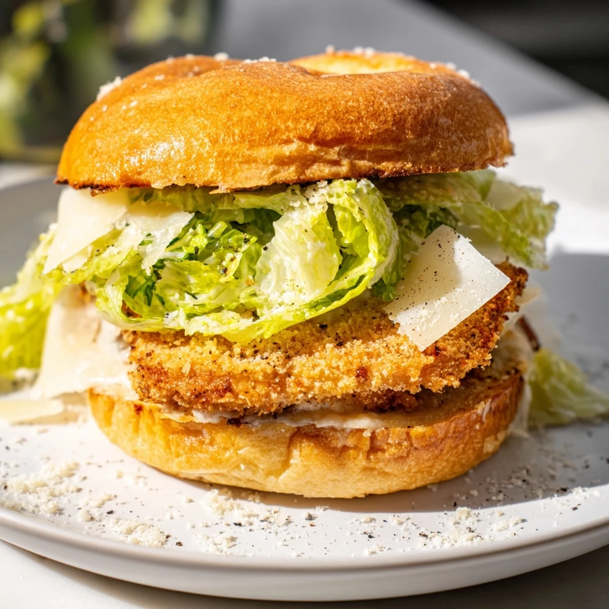 Homemade crispy chicken Caesar sandwich featuring fried chicken breast with tangy dressing and shaved Parmesan