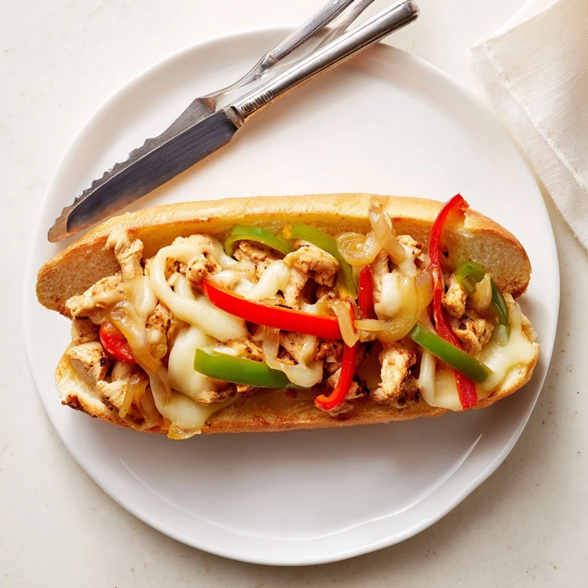 Golden chicken cheesesteak sandwich overflowing with melted provolone peppers and onions on toasted hoagie roll