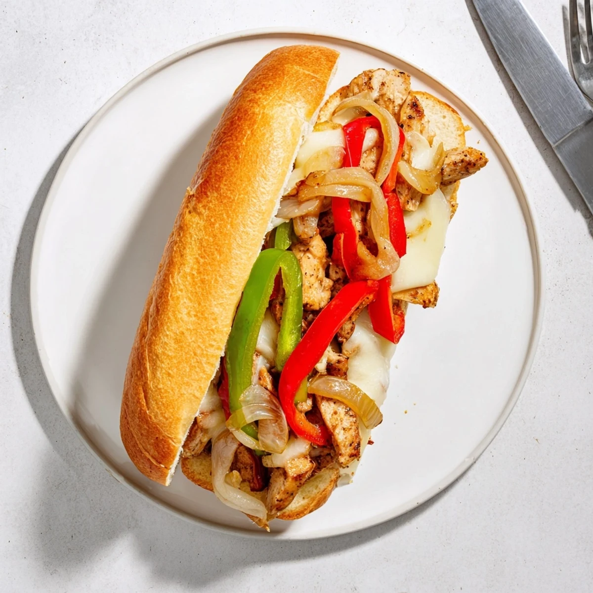 Tender sliced chicken cheesesteak sandwich with caramelized vegetables and gooey cheese in a crisp split bun