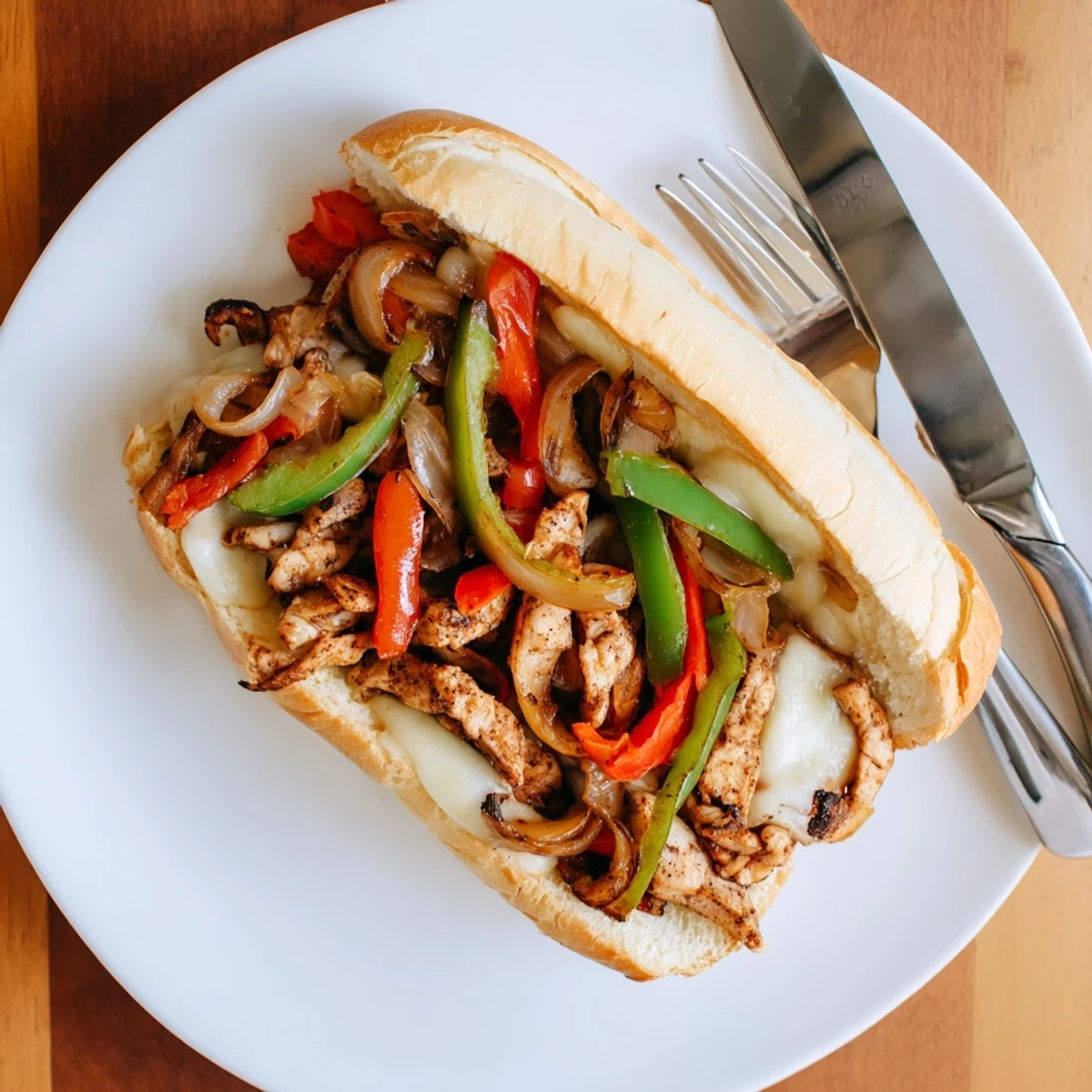 Hearty chicken cheesesteak sandwich piled high with seasoned meat peppers onions and melted provolone cheese