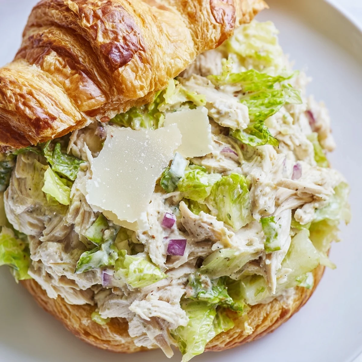 Golden flaky croissant stuffed with creamy chicken Caesar salad and crisp romaine lettuce