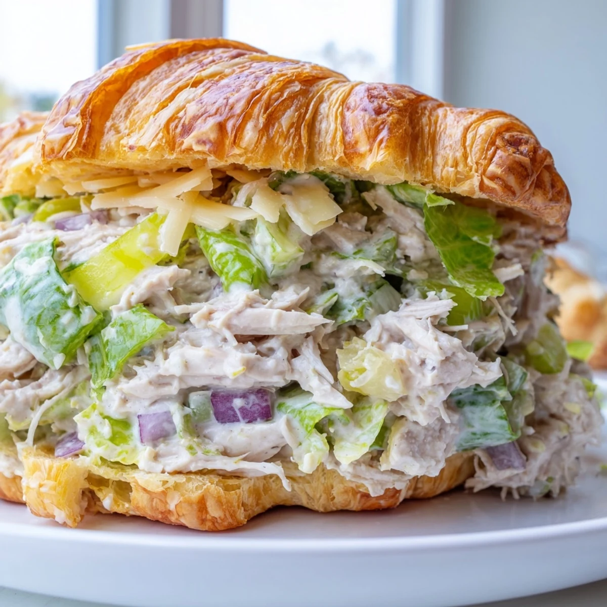 Halved croissant filled with seasoned chicken Caesar mixture and crunchy chopped romaine on plate