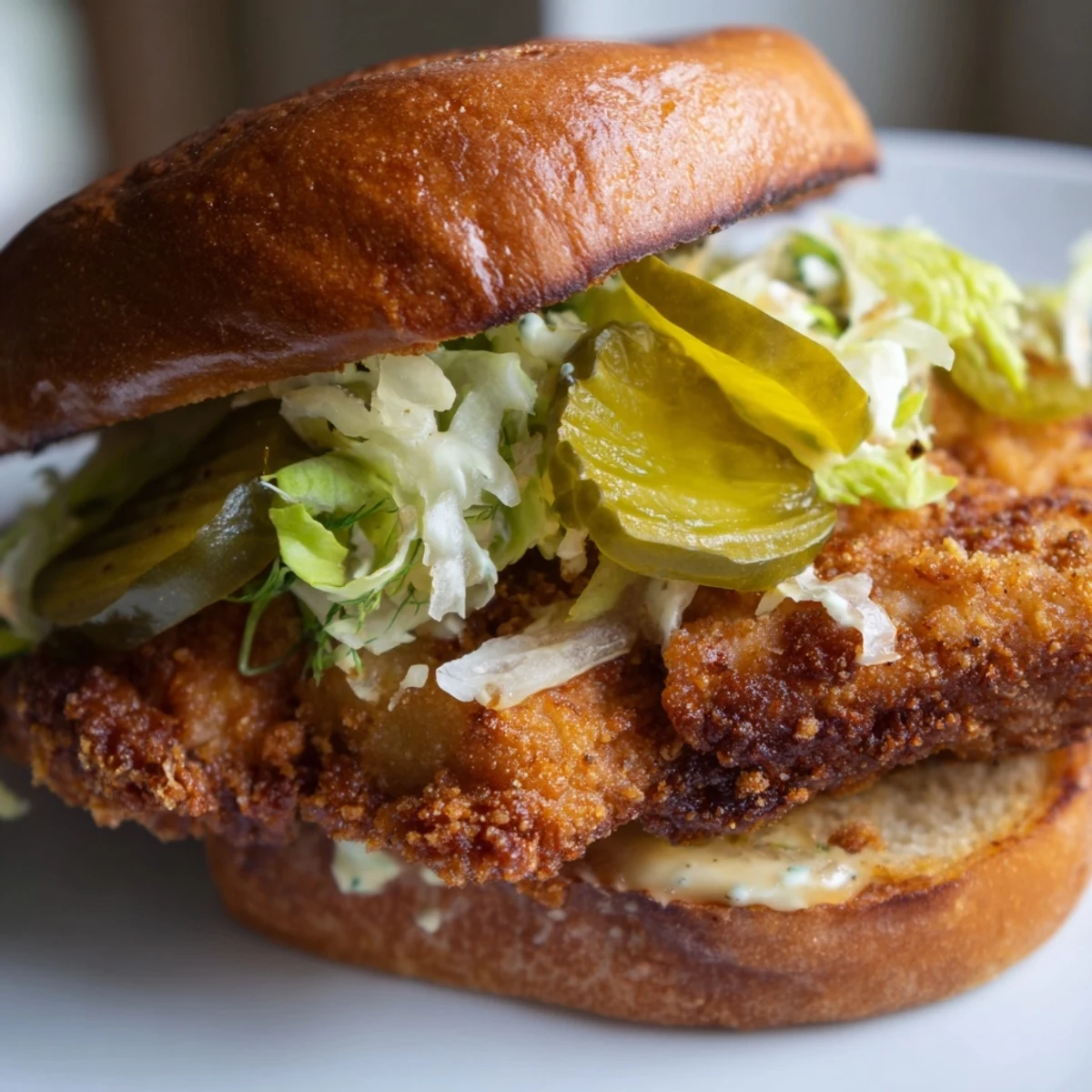 Golden brown crispy dill chicken sandwich topped with pickles on toasted brioche bun