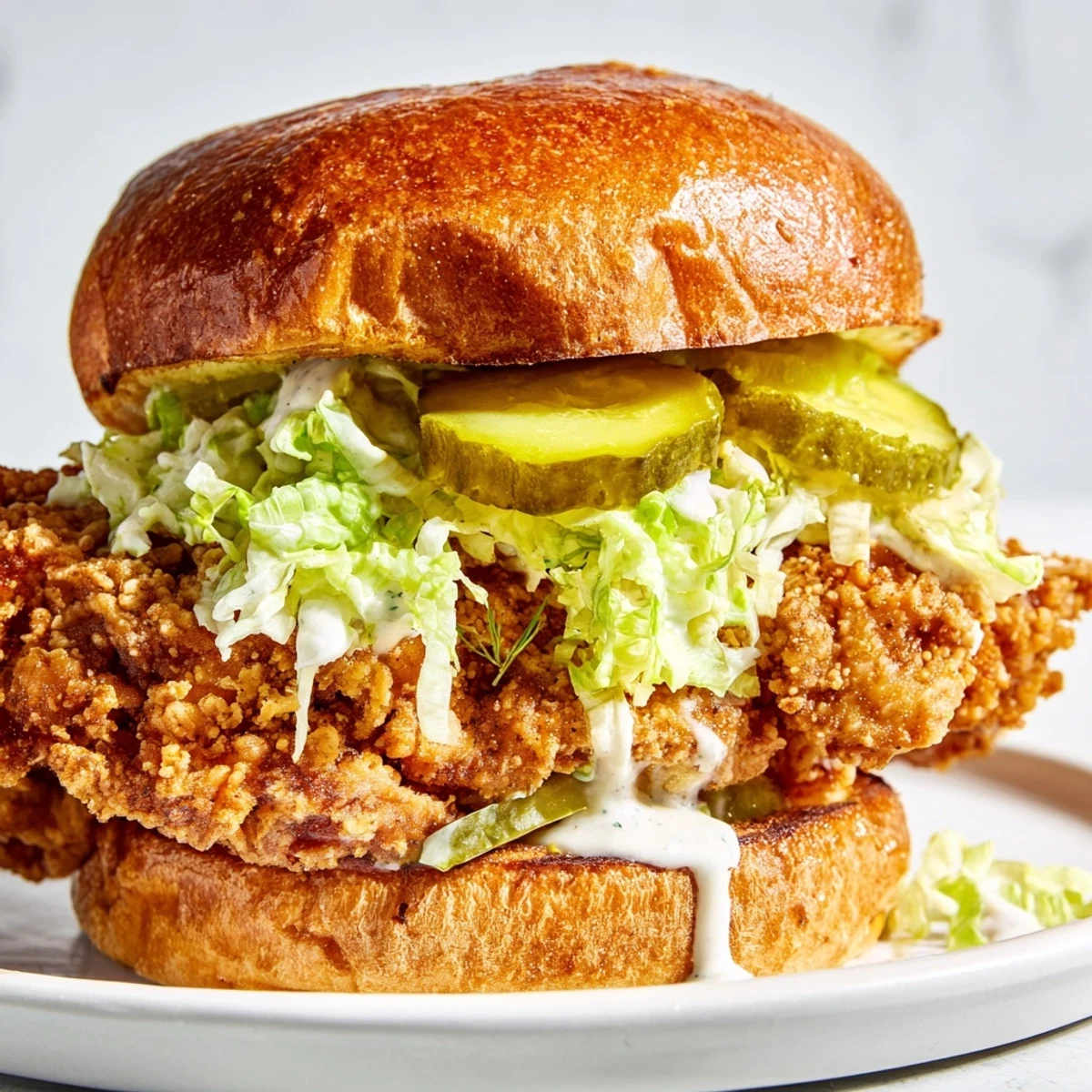 Homemade crispy dill chicken sandwich with lettuce, pickles, and creamy dill mayo sauce