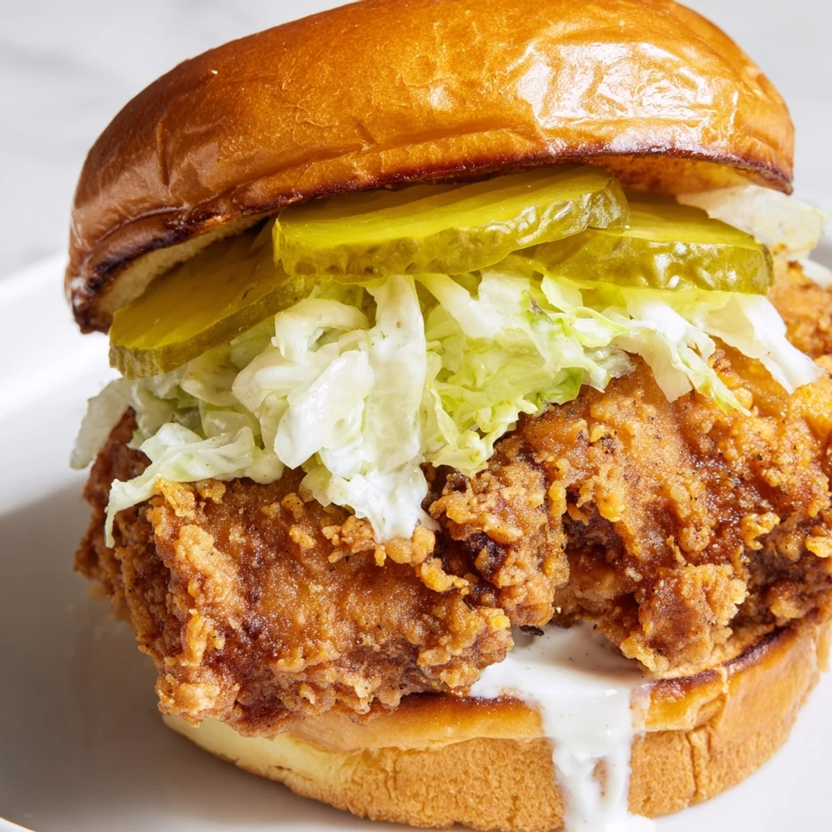 Close-up of crispy fried dill chicken sandwich stacked on soft brioche bun with fresh toppings