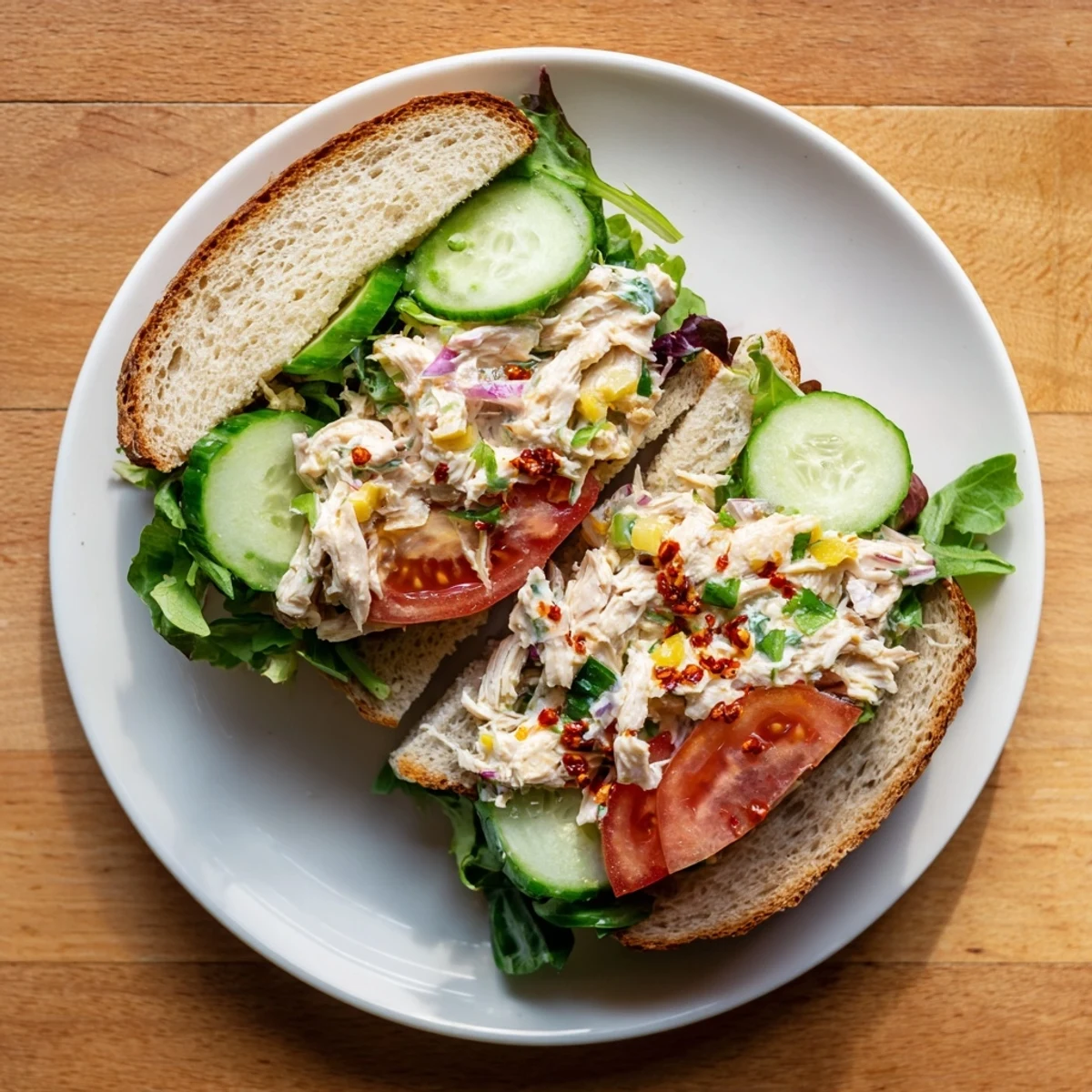 Chicken salad sandwich with chili crisp piled on toasted bread with fresh cucumber slices