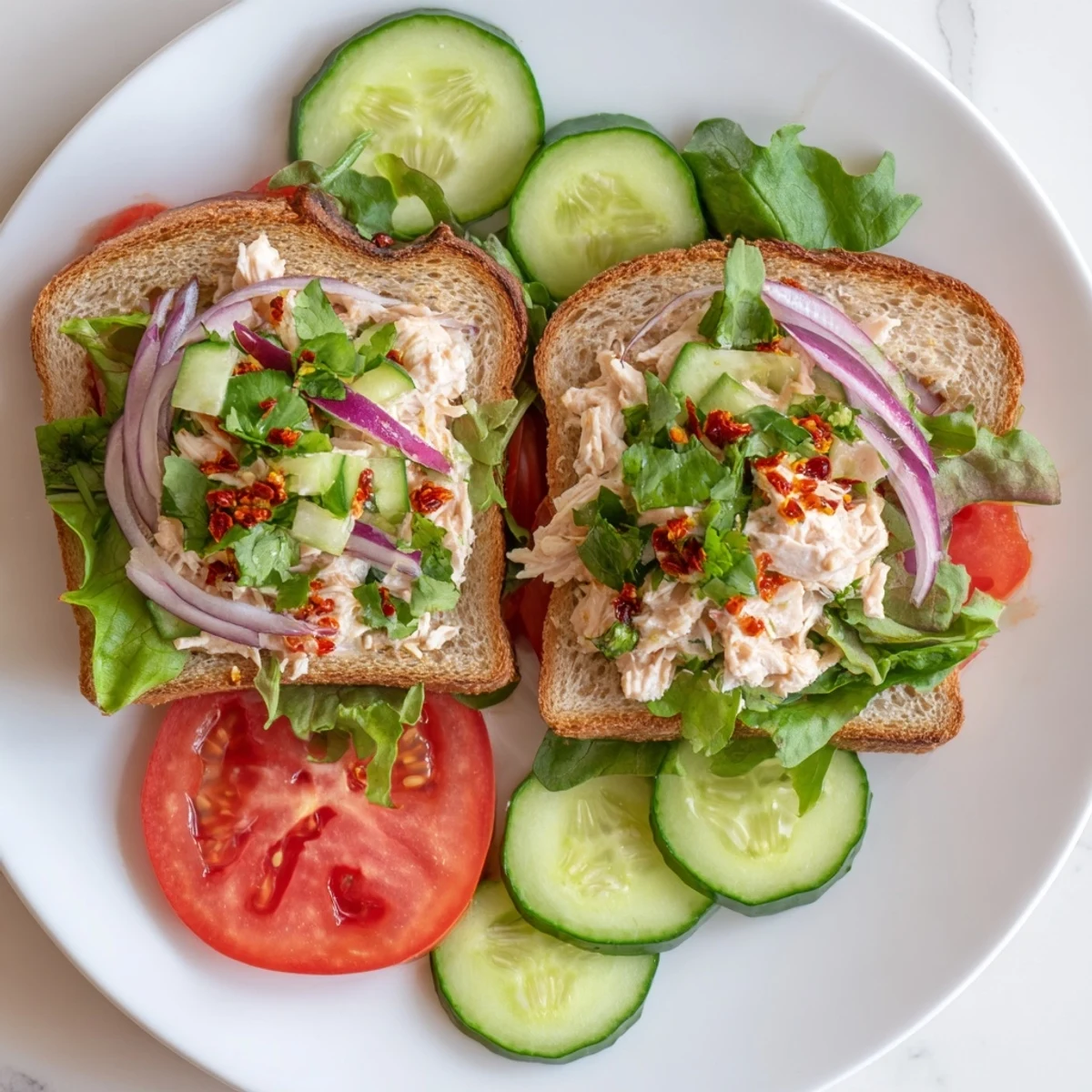 Open-faced chicken salad sandwich with chili crisp garnish, greens, and ripe tomato on bread
