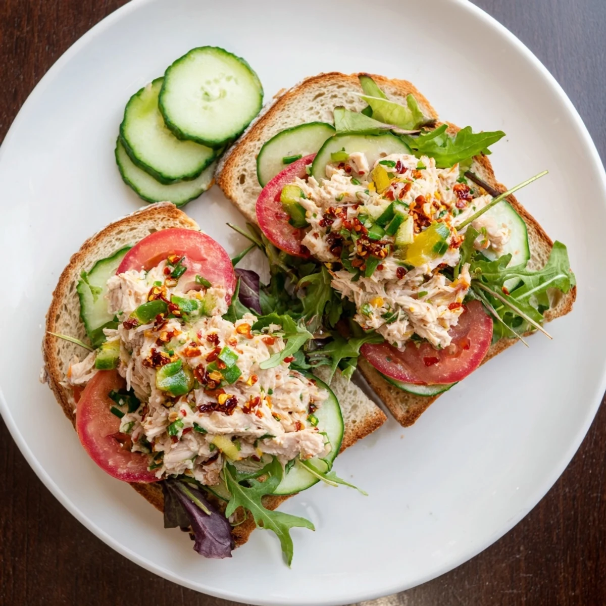 Spicy chicken salad sandwich featuring tender meat, crisp vegetables, and drizzled chili oil on rolls
