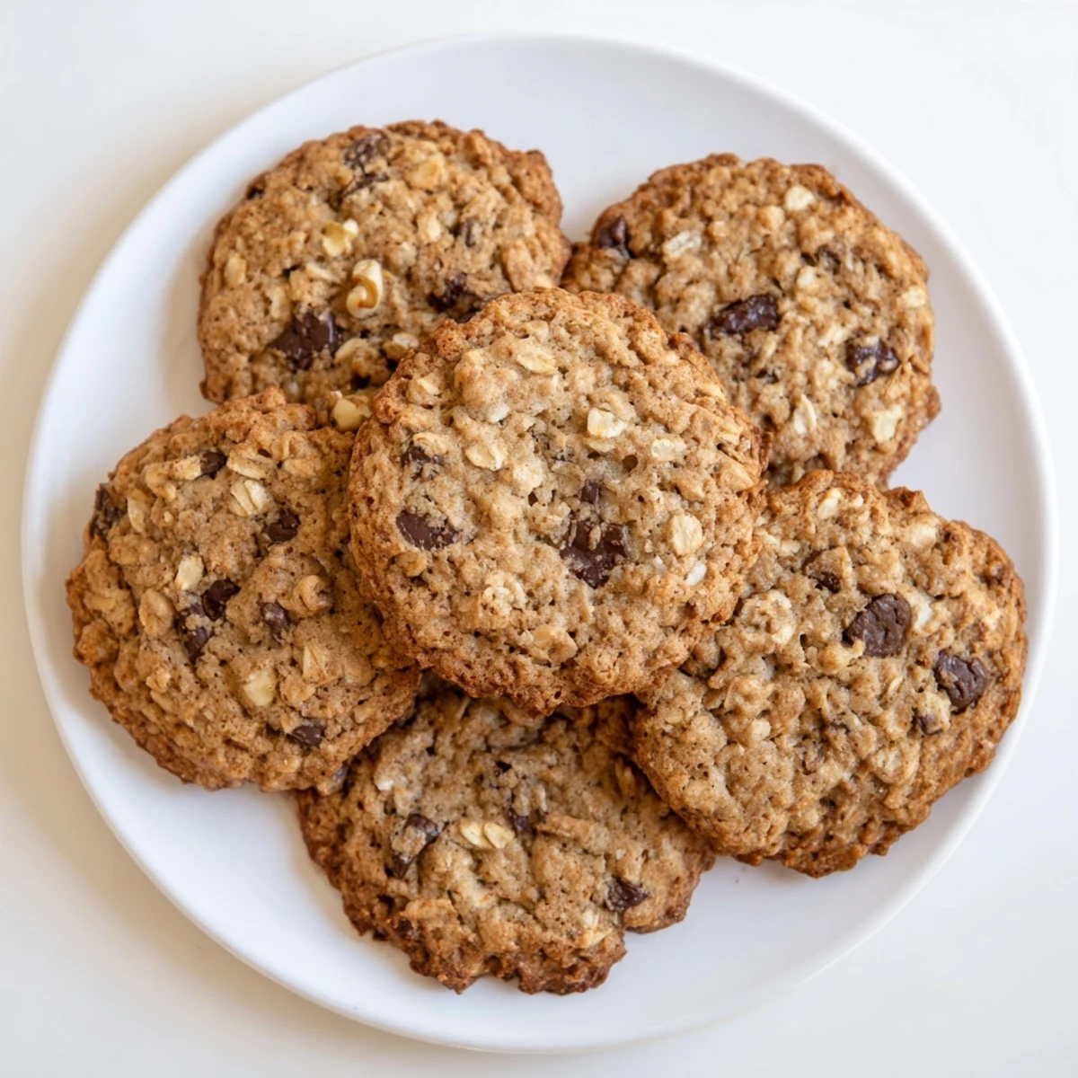 Chewy brown butter Irish oat cookies studded with chocolate chips and chopped walnuts on a white plate