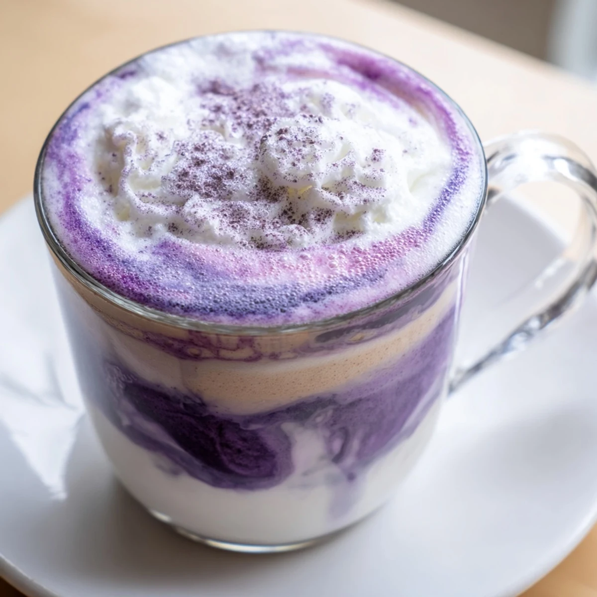 Steaming hot ube latte with layered purple ube mixture and frothy white milk on top