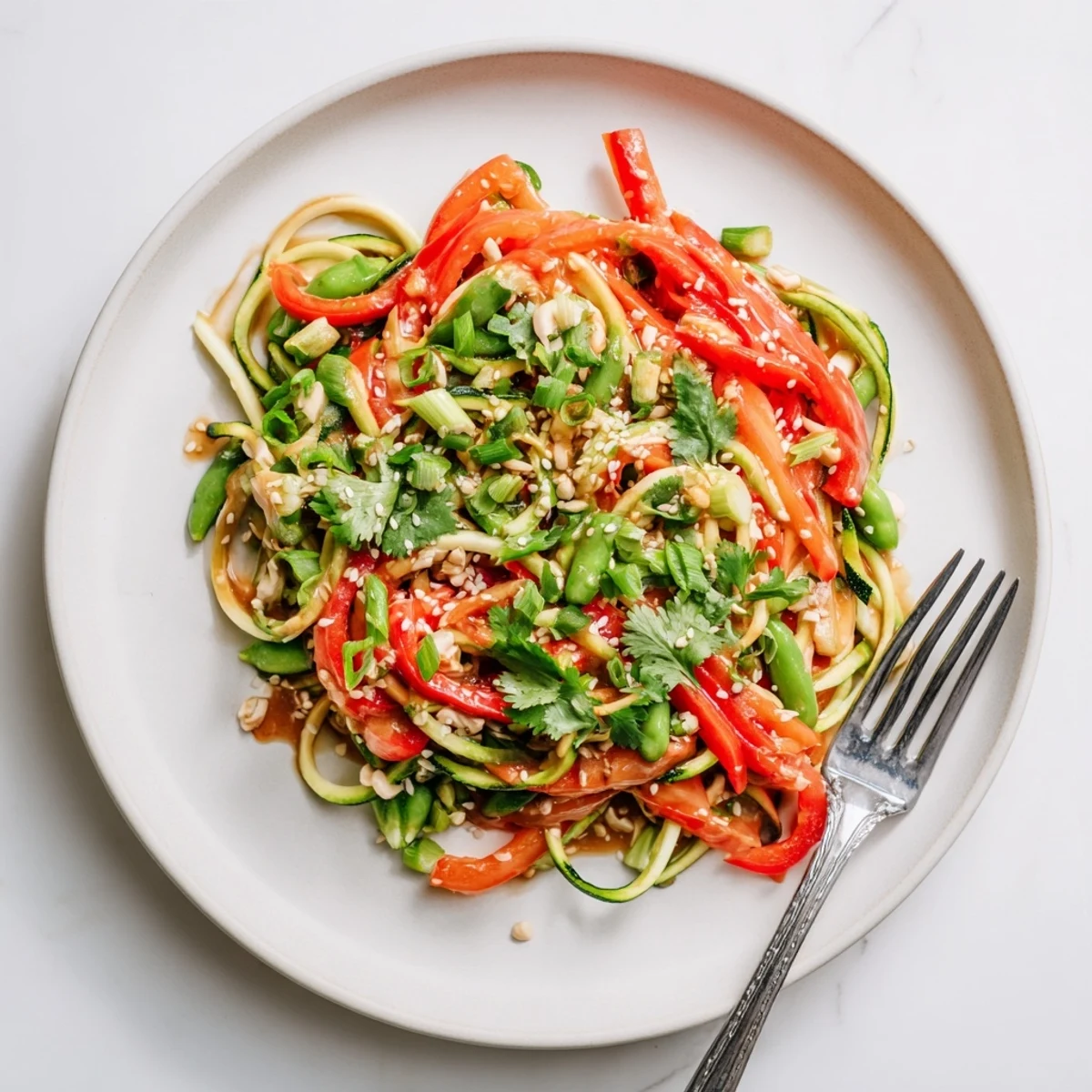 Glossy zucchini noodles spiralized with colorful vegetables coated in thick homemade teriyaki sauce