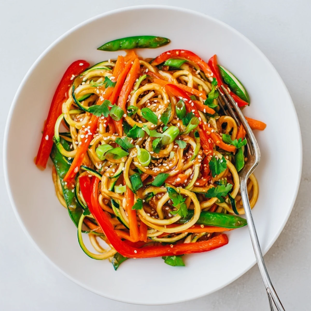 Steaming bowl of healthy teriyaki zucchini noodles with bell peppers snap peas and sesame seed garnish