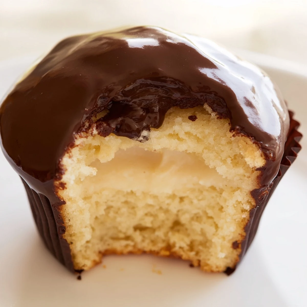 Golden Boston cream pie cupcakes topped with glossy chocolate ganache and filled with creamy vanilla custard