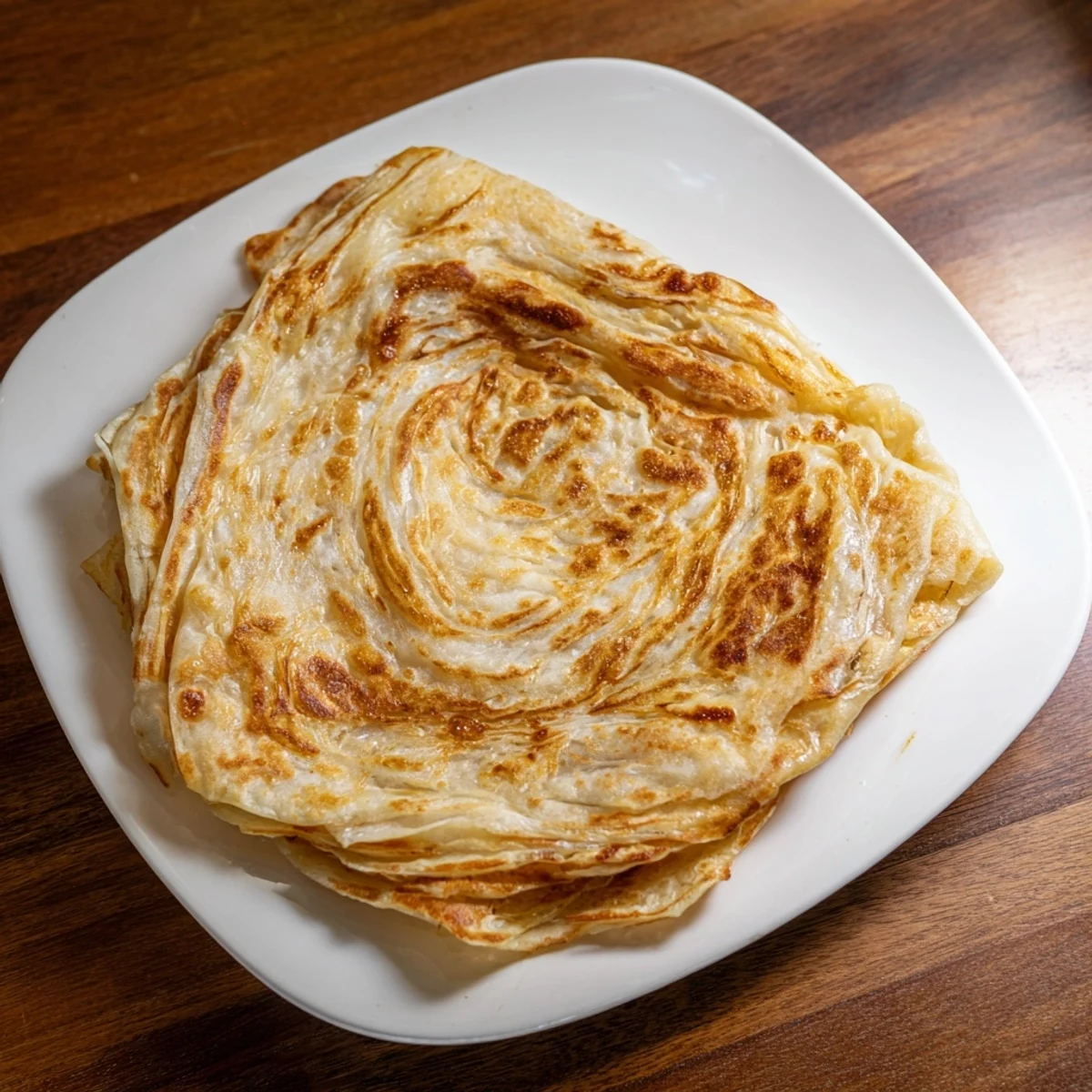Golden flaky Roti Canai with visible crispy layers served on a white plate
