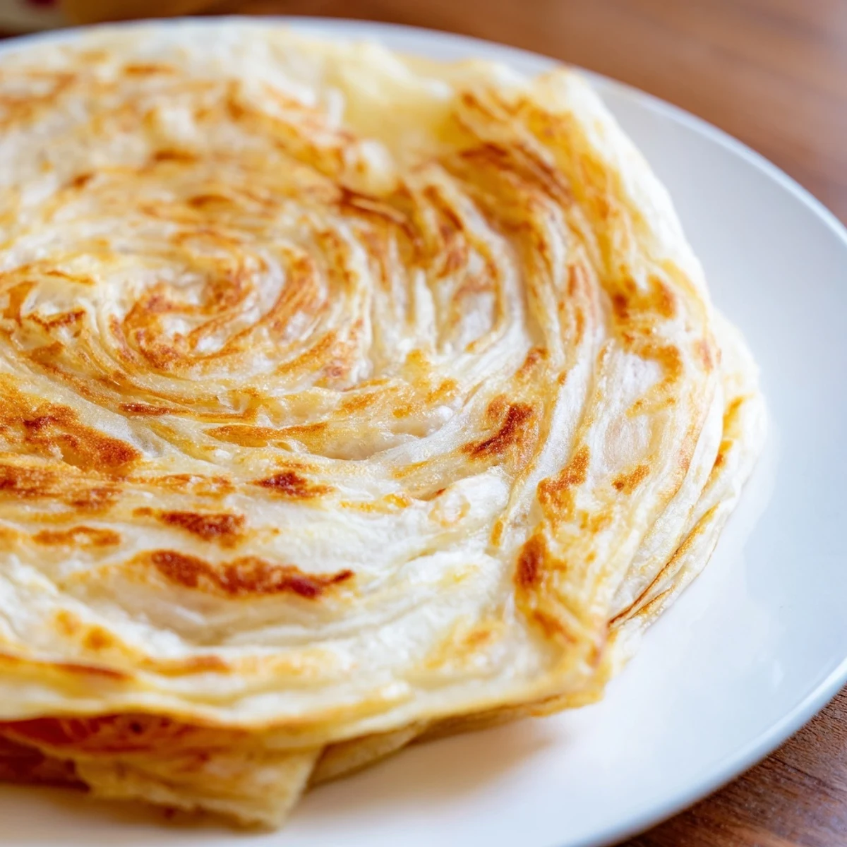 Hand stretched Roti Canai flatbread with ghee brushed surface and layered texture