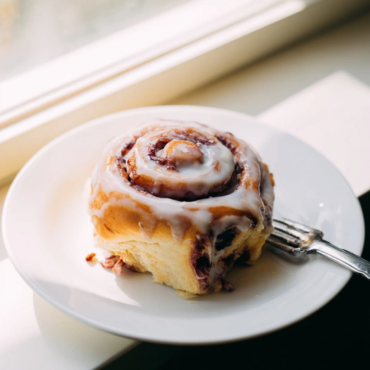 Golden cherry cinnamon rolls drizzled with vanilla glaze on a rustic wooden board