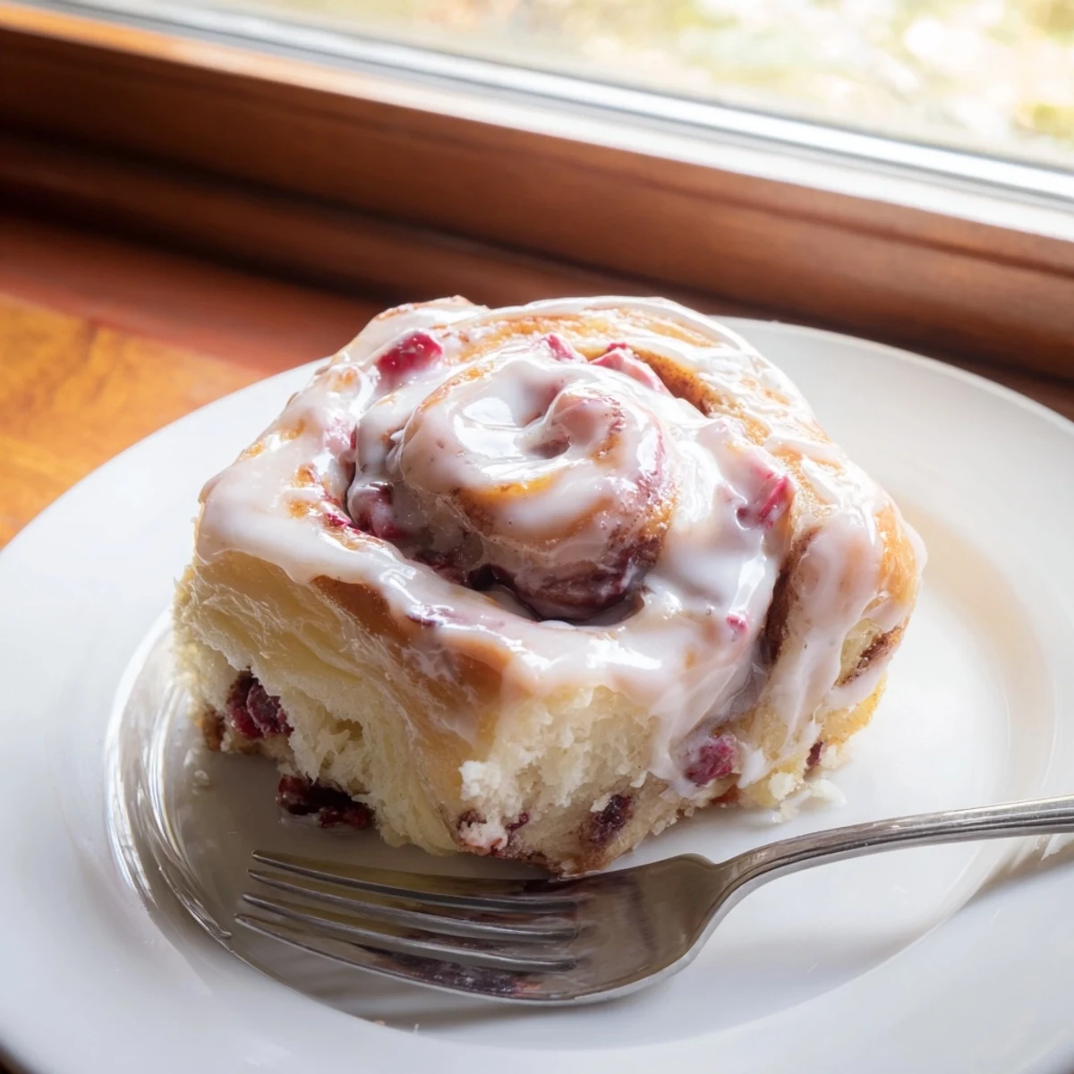 Freshly baked cherry cinnamon rolls swirled with juicy fruit and sweet cinnamon sugar
