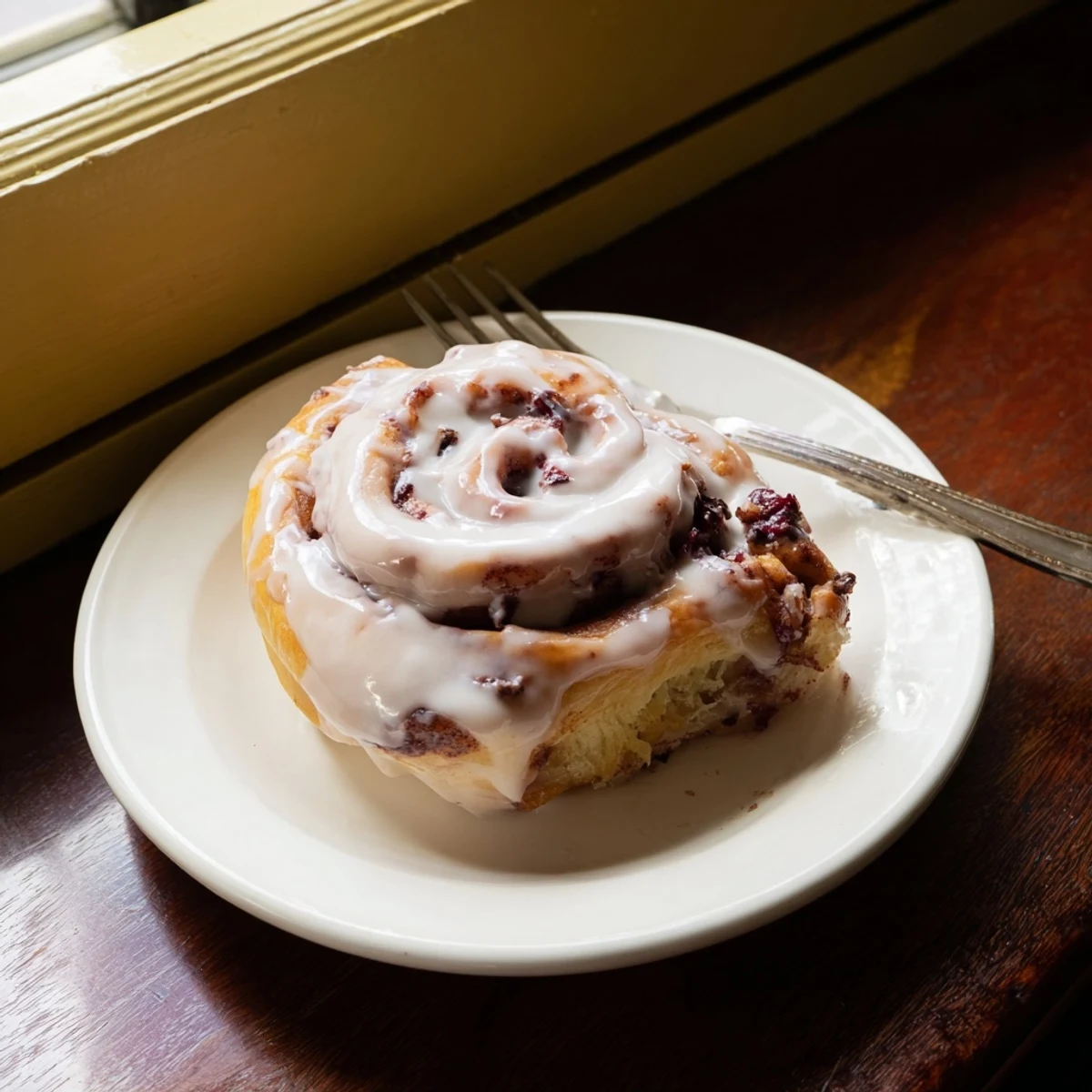 Soft cherry cinnamon rolls topped with creamy white glaze on a breakfast platter