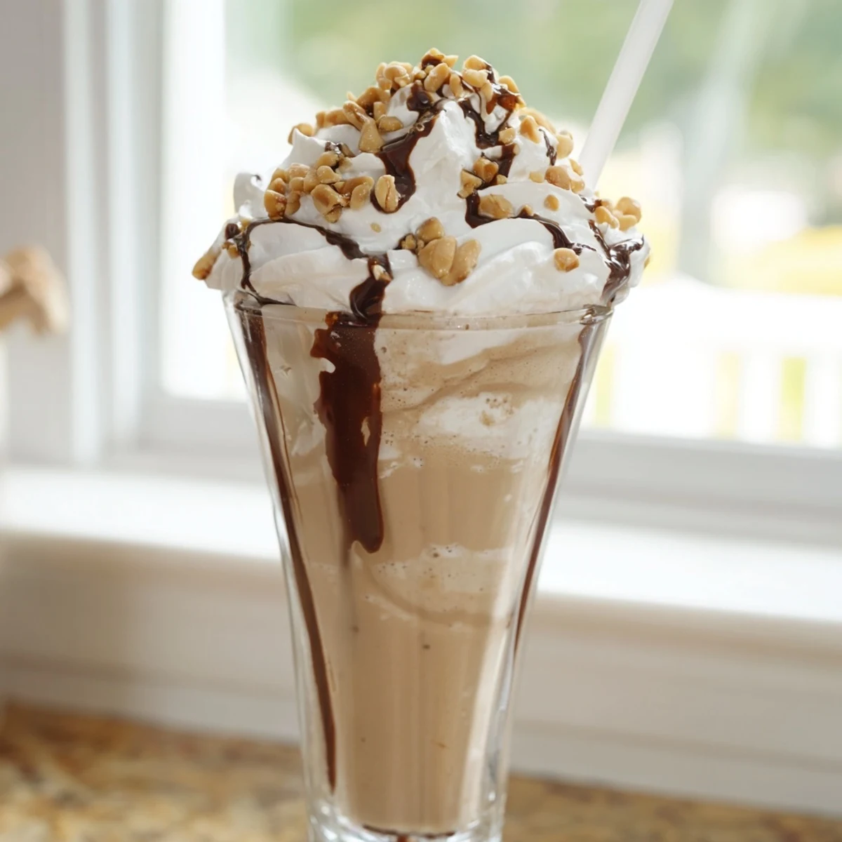 Tall glass filled with creamy Five Guys-style peanut butter milkshake topped with whipped cream