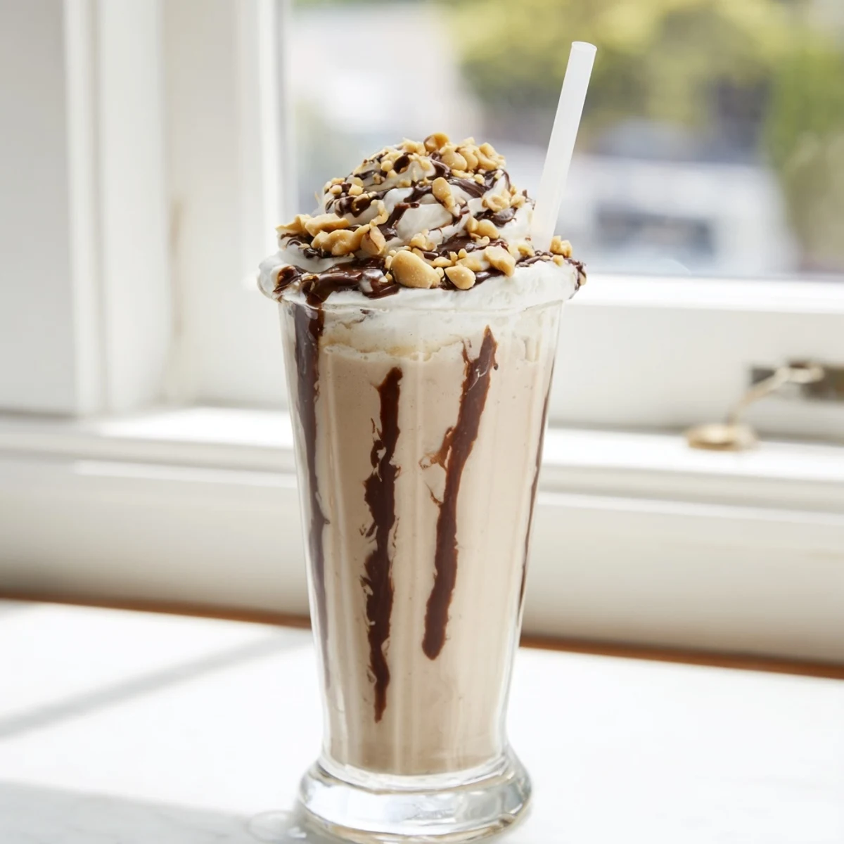 Thick peanut butter milkshake inspired by Five Guys drizzled with chocolate syrup and peanuts