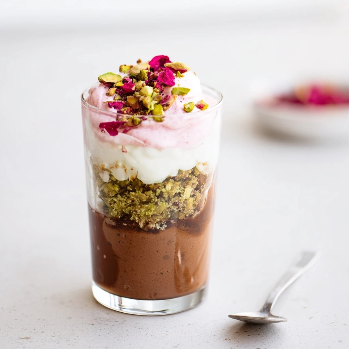 Individual Middle Eastern chocolate dessert cups topped with fragrant rosewater cream and rose petals