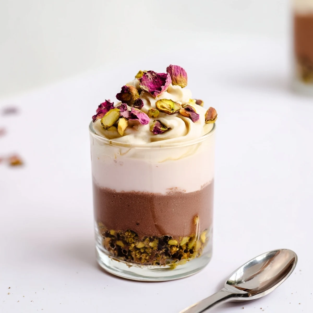 Rich dark chocolate mousse dessert featuring spiced cardamom layers and toasted pistachio crunch