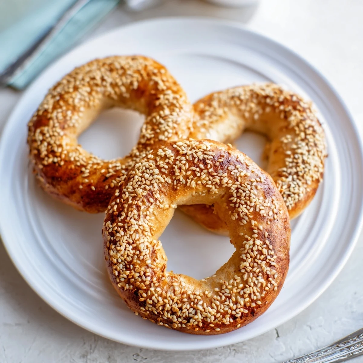 Golden brown sesame bread rings with crispy crust and soft interior on wooden board