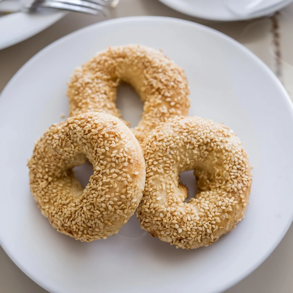 Stack of soft sesame bread rings sprinkled with nutty seeds perfect for breakfast dipping