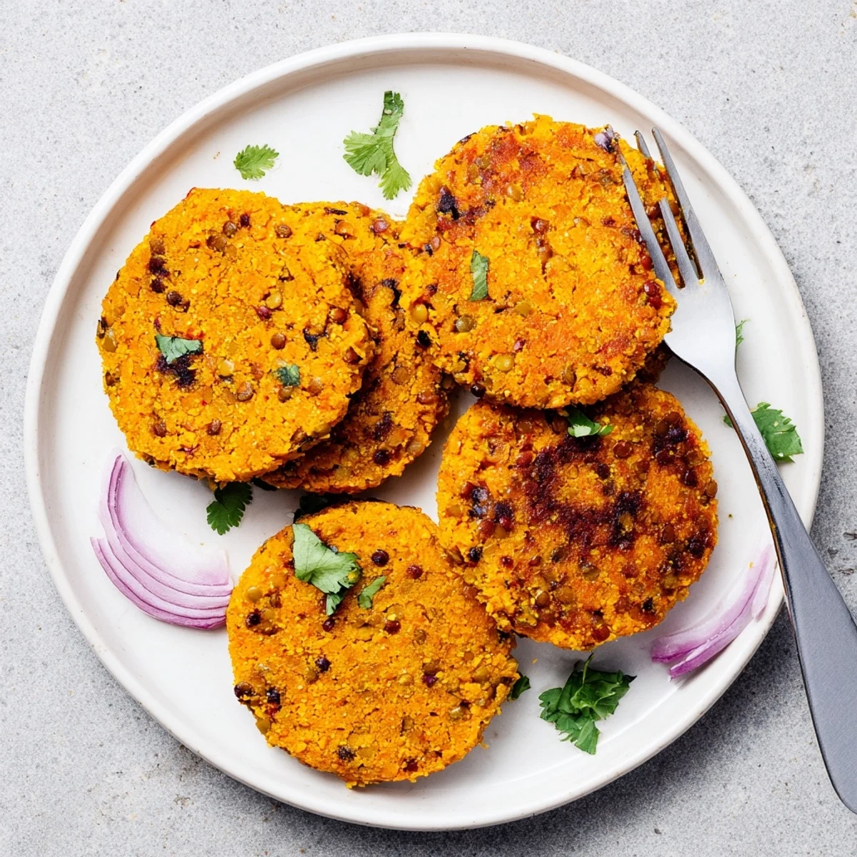 Golden brown sweet potato lentil patties served fresh on a white plate with fresh herbs