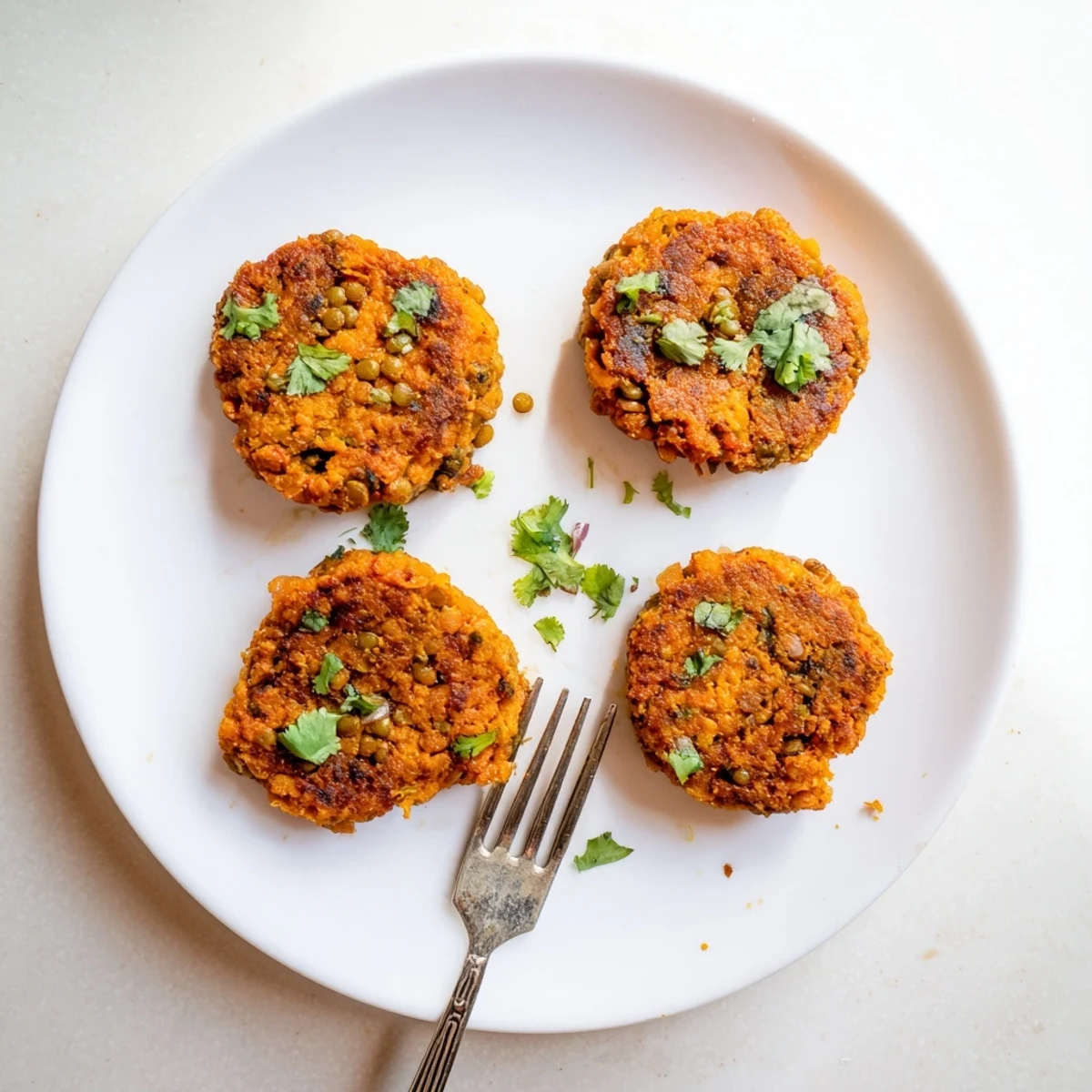 Hearty sweet potato and lentil patties arranged on a serving platter with dipping sauce