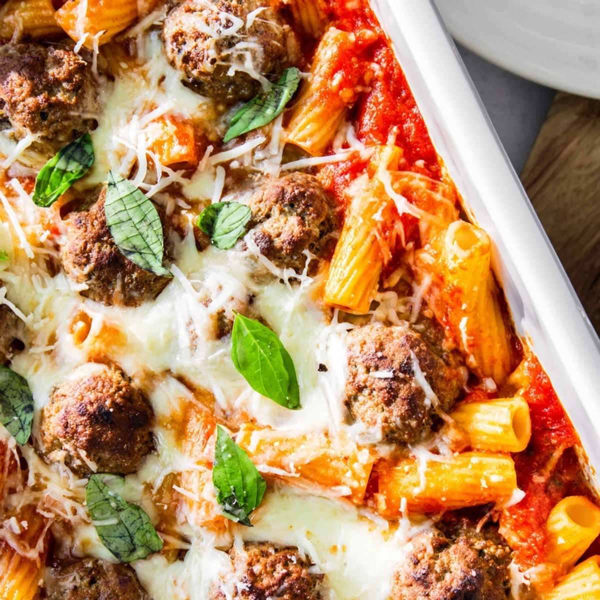 Golden melted mozzarella tops this Italian meatball pasta bake with bubbling tomato sauce