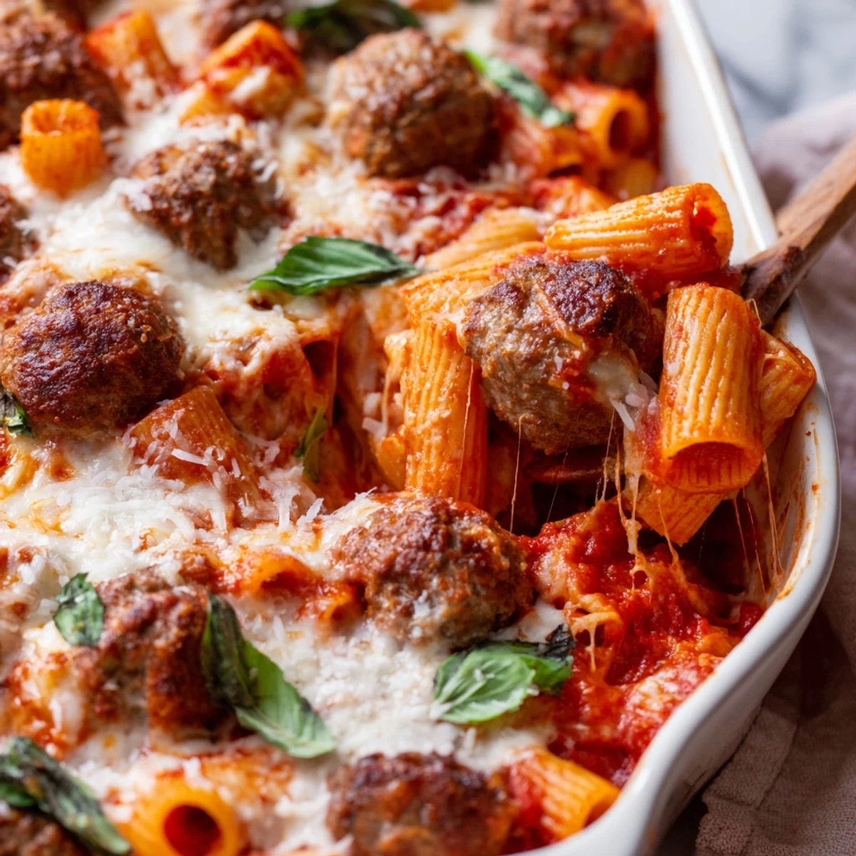 Tender beef meatballs nestle among penne pasta in this cheesy Italian meatball pasta bake