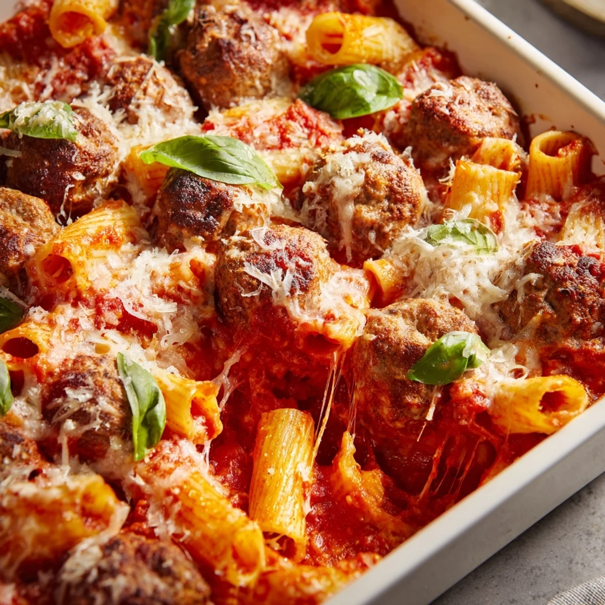 Steam rises from a bubbling Italian meatball pasta bake garnished with fresh basil leaves