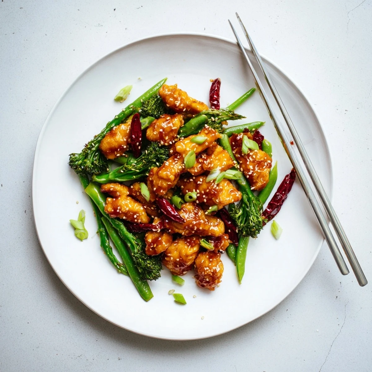 Golden chicken thighs glazed in sweet orange sauce atop vibrant chili-spiced broccoli and snap peas