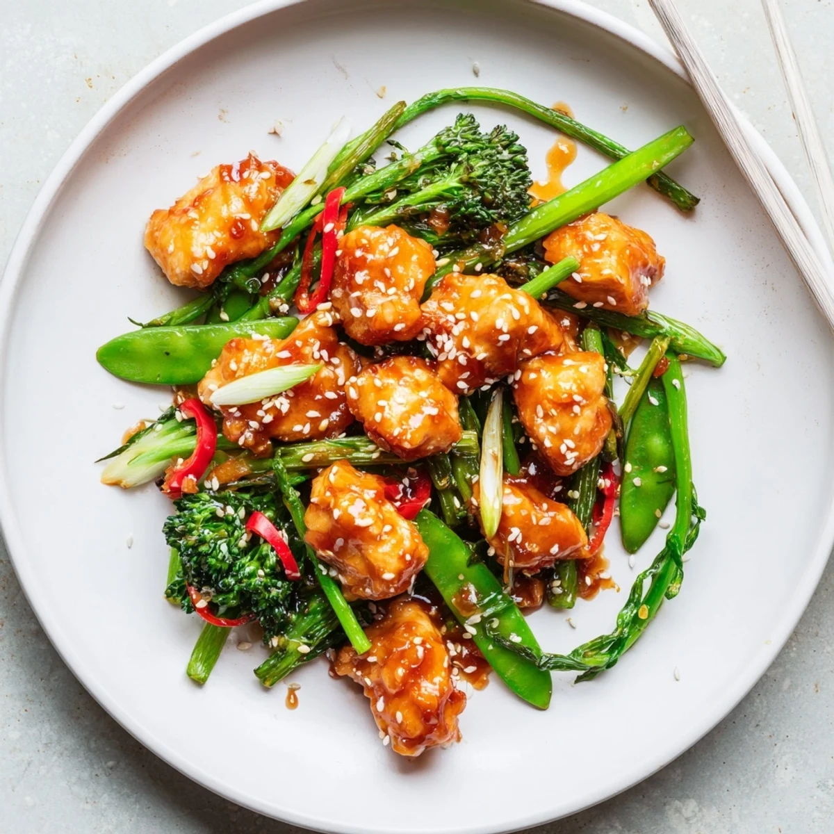 Sticky orange chicken slices arranged on a bed of tender chilli greens with spring onions