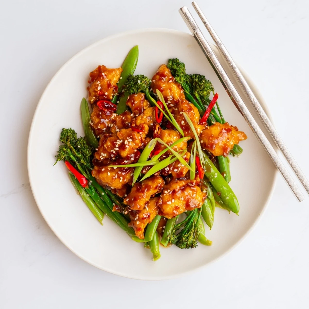 Succulent orange glazed chicken served over crisp stir-fried vegetables with red chili and sesame garnish