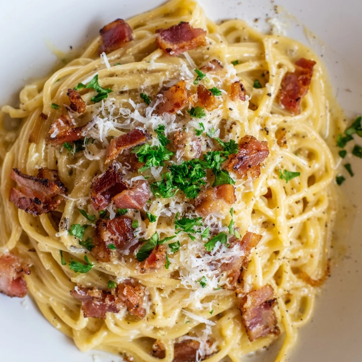Steaming bowl of Ramen Carbonara融合 Italian and Japanese flavors with silky sauce and golden bacon garnish