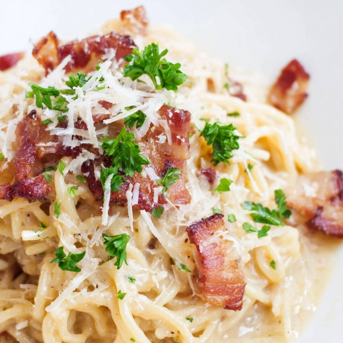 Crispy bacon topped Ramen Carbonara featuring creamy egg-parmesan sauce coating tender curly noodles in a white bowl