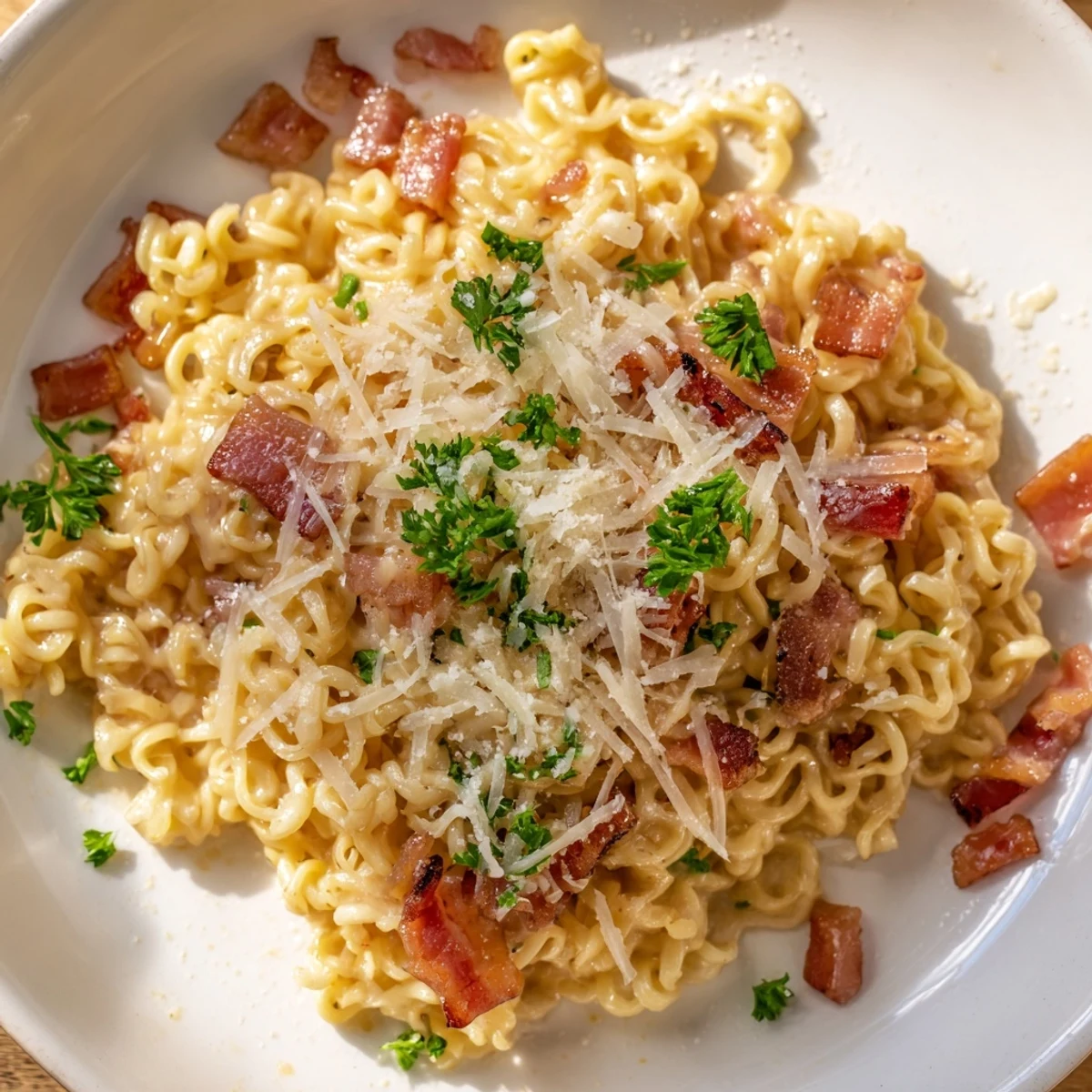 Twisty ramen noodles tossed in rich carbonara sauce with crispy pancetta bits and freshly grated Parmesan cheese