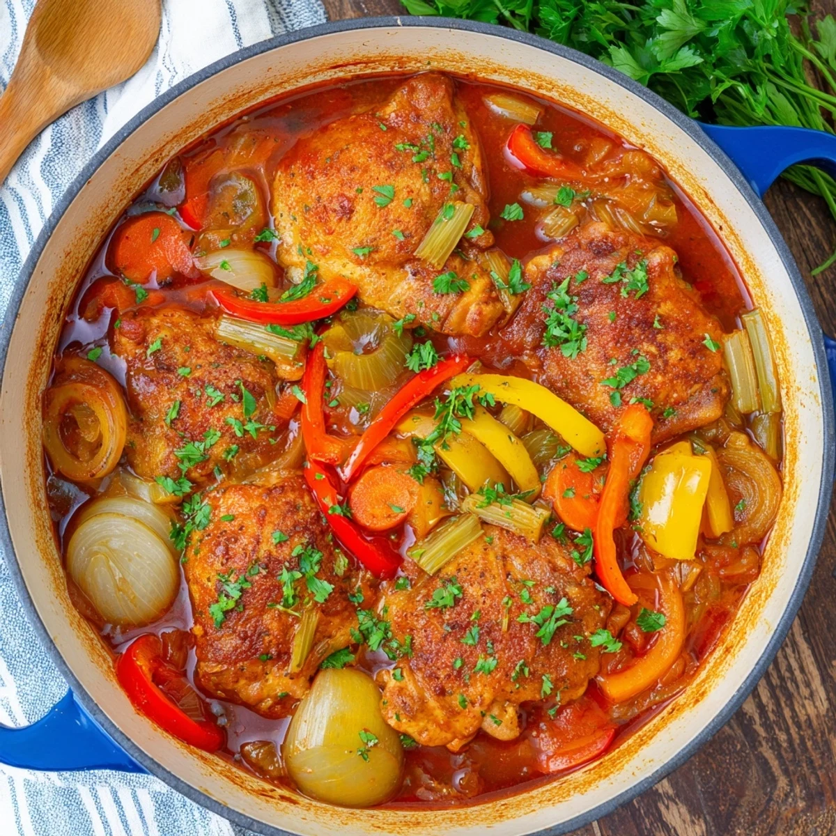 Golden seared chicken thighs nestled in rich tomato sauce with colorful vegetables in this Italian braised one pot chicken
