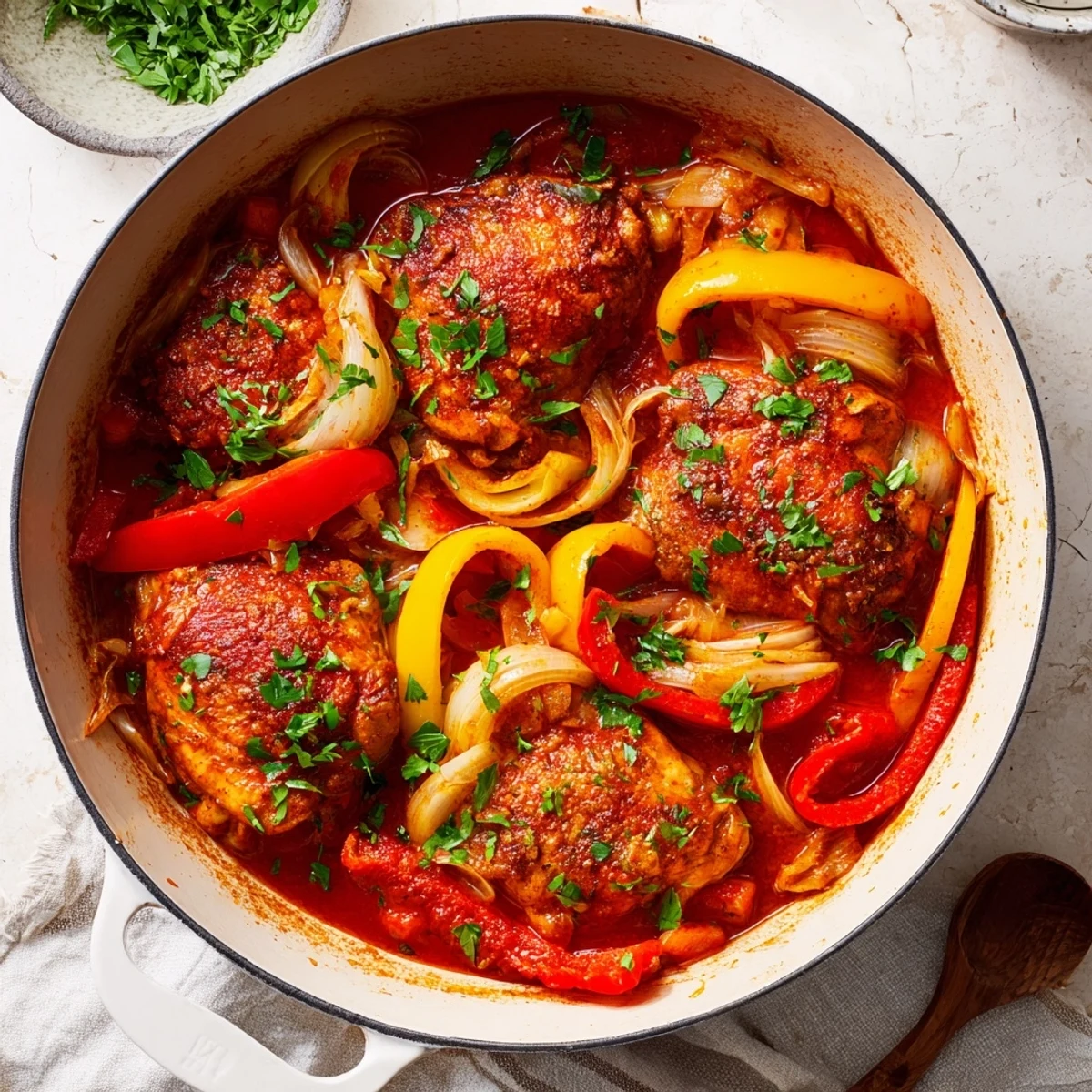 Tender braised chicken simmering with aromatic herbs, garlic, and vegetables in a rustic Italian braised one pot chicken dish