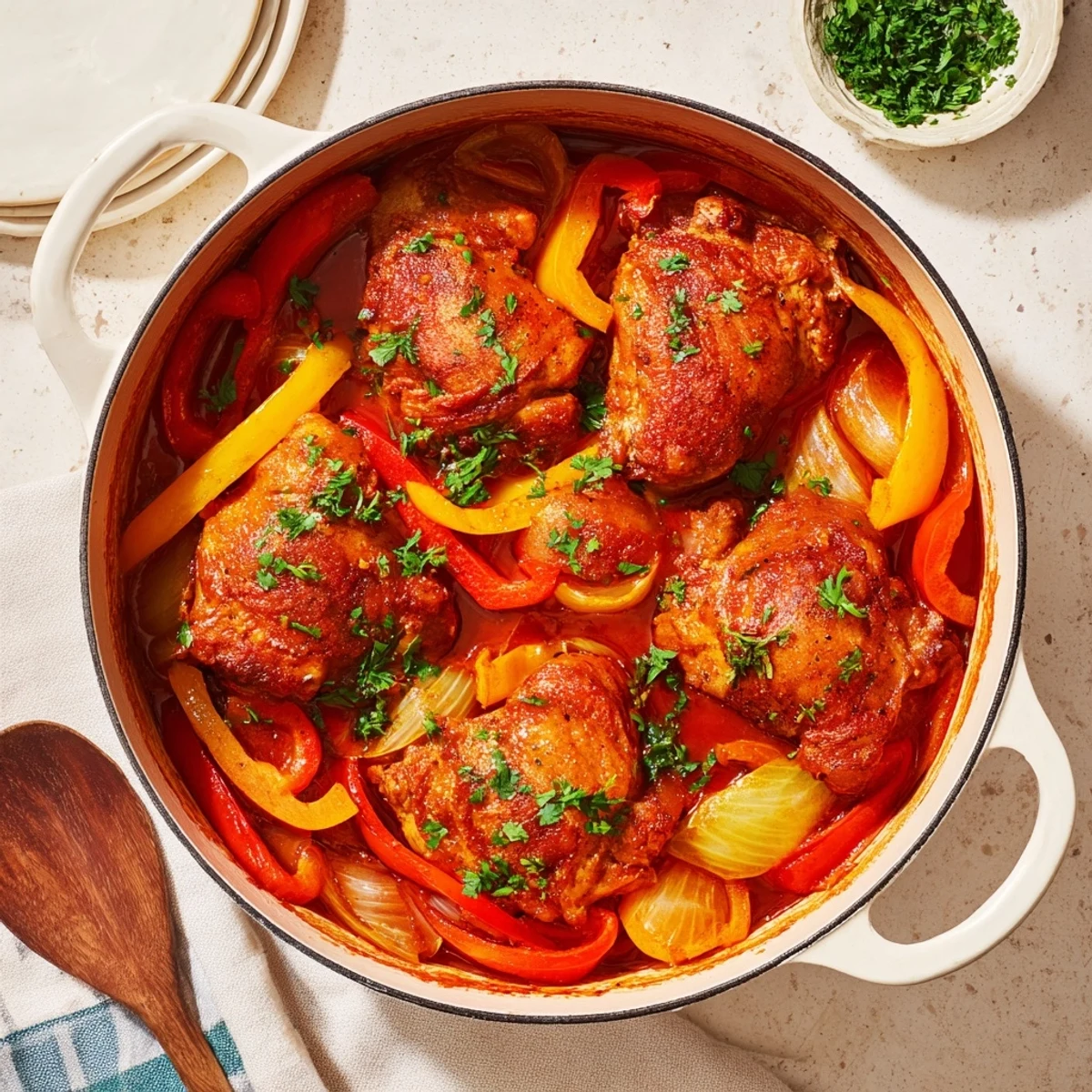 Savory chicken thighs braised in chunky tomato and vegetable sauce, garnished with fresh parsley for this comforting Italian braised one pot chicken