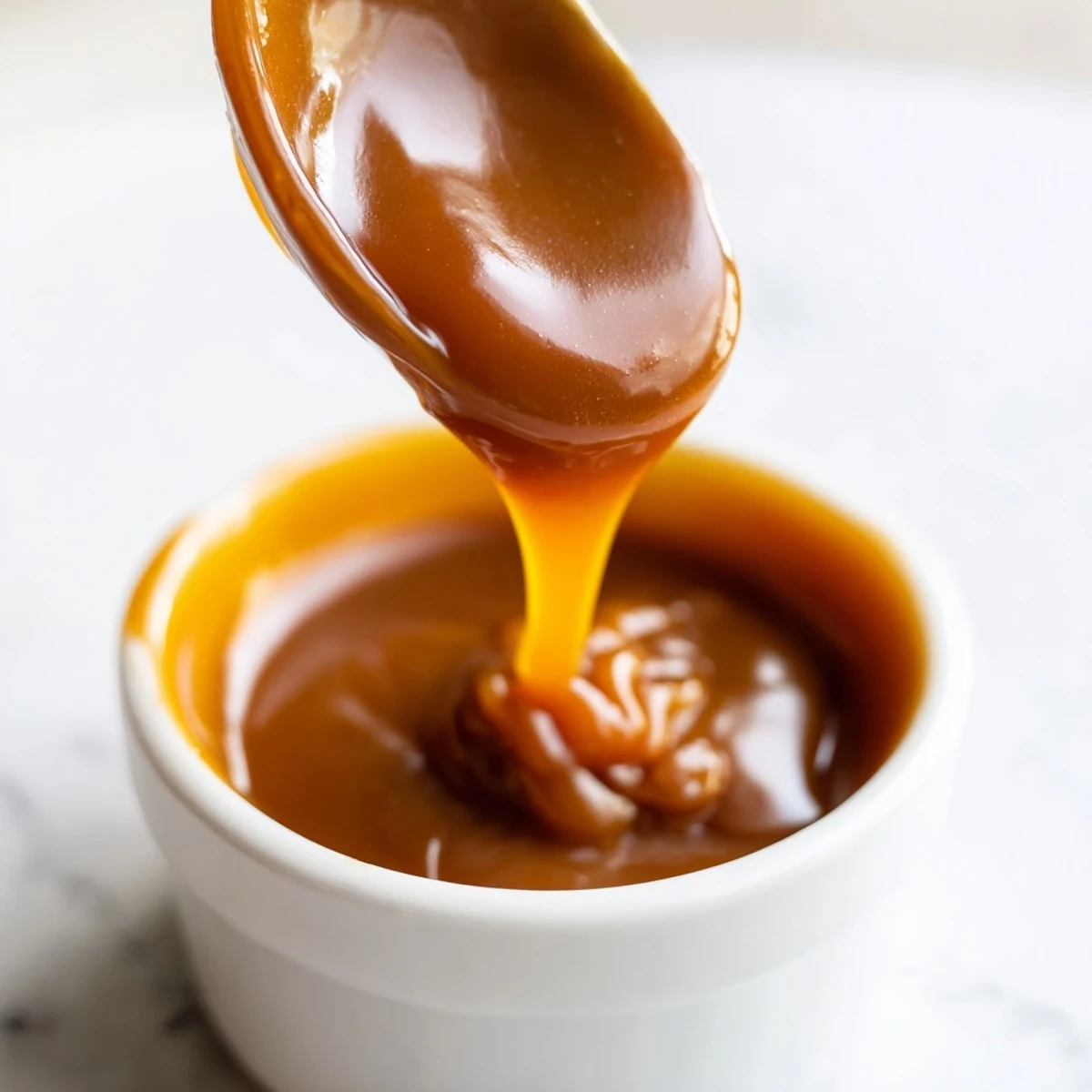 Rich amber easy caramel sauce drizzling elegantly down a stacked chocolate cake slice