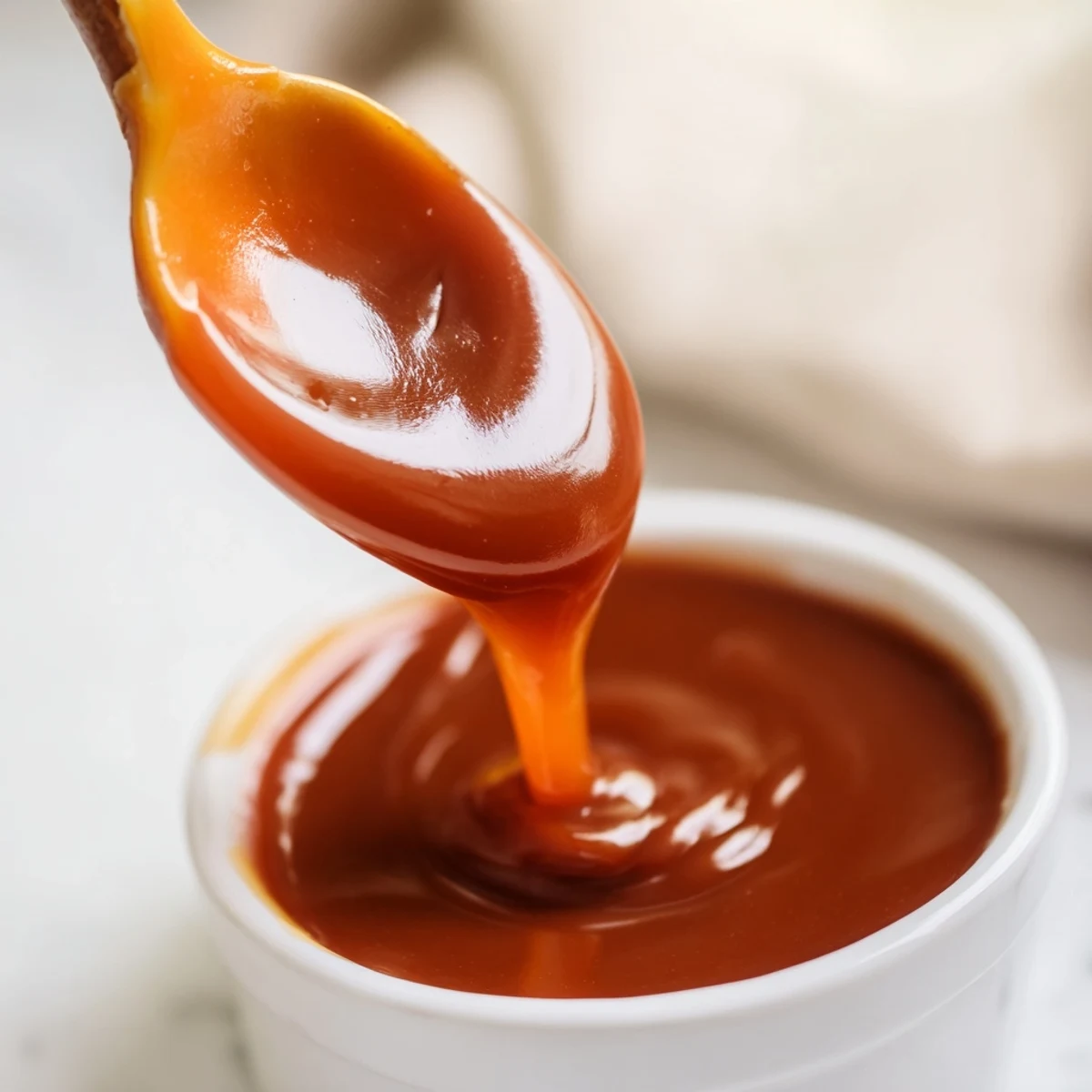 Spoonful of thick glossy easy caramel sauce dripping against a dark background