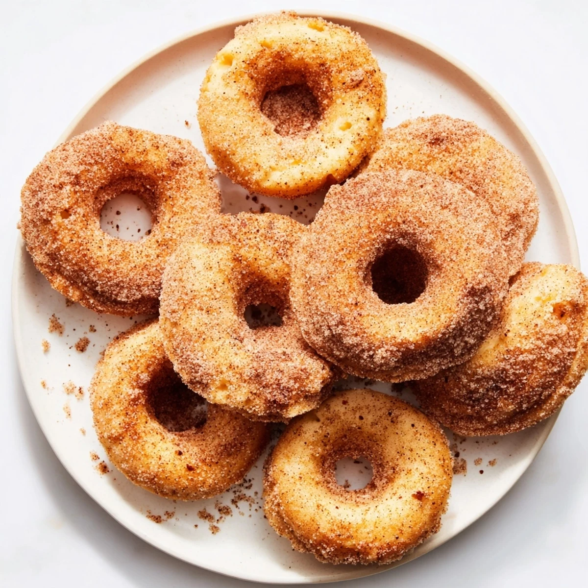 Soft fried donuts rolled in spiced sugar atop a white serving plate