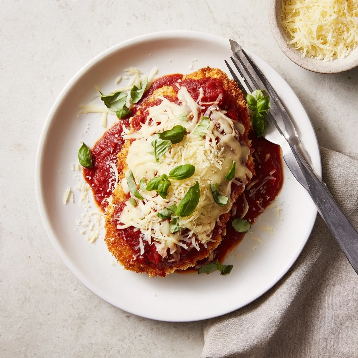 Crispy almond flour crusted chicken parmigiana baked with tomato sauce and fresh basil