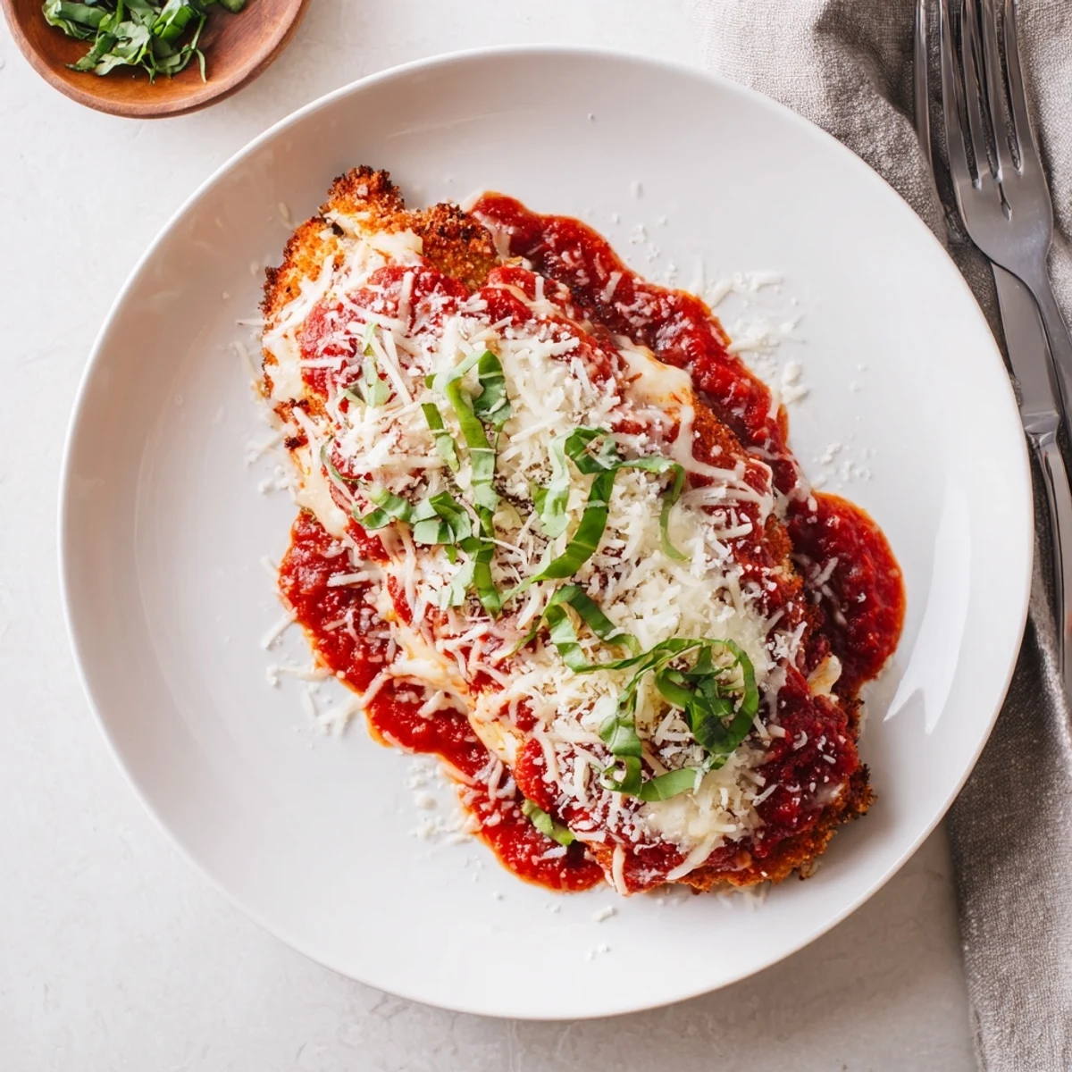 Golden low carb chicken parmigiana with bubbly melted mozzarella and rich marinara sauce