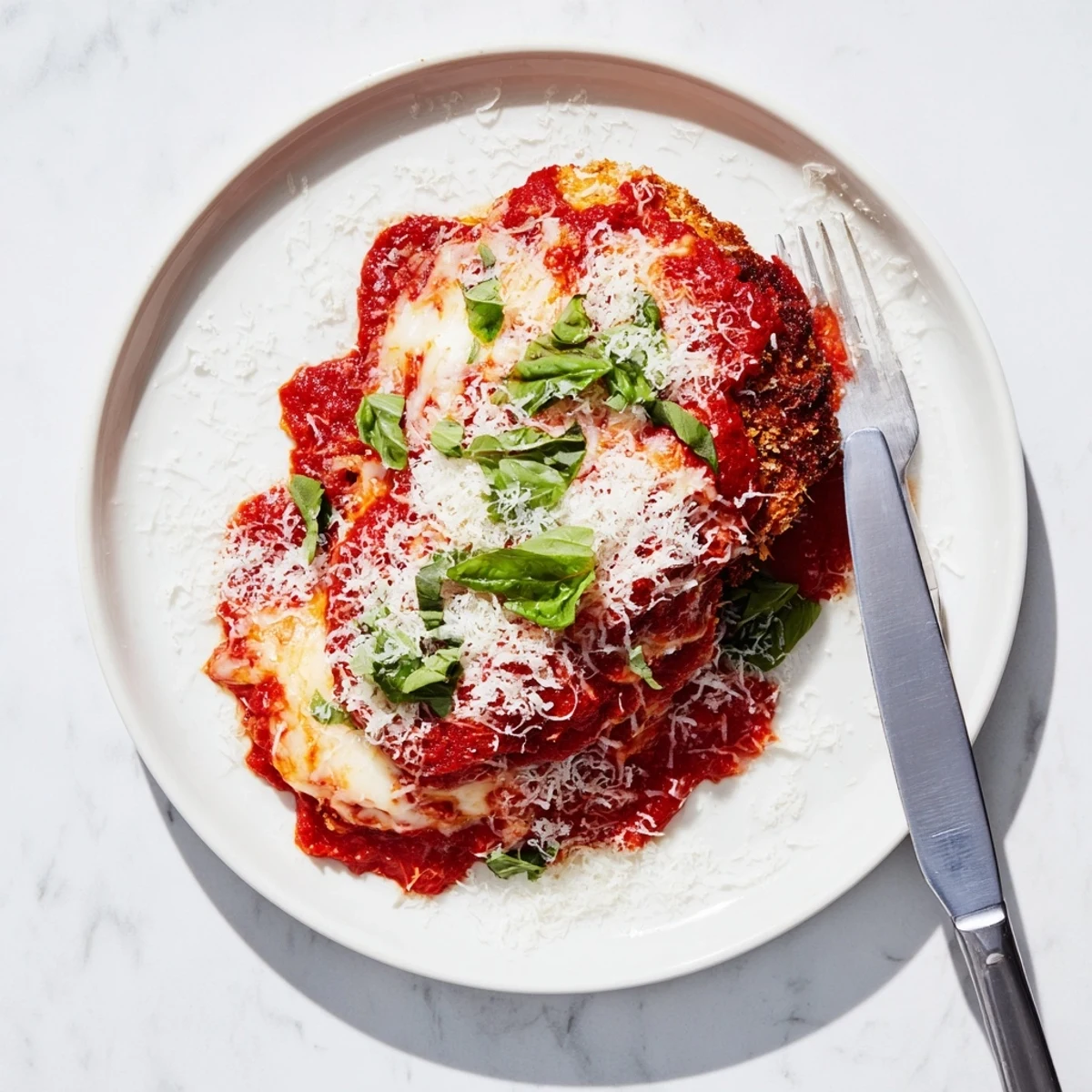 Sizzling skillet seared low carb chicken parmigiana topped with gooey cheese and Italian herbs